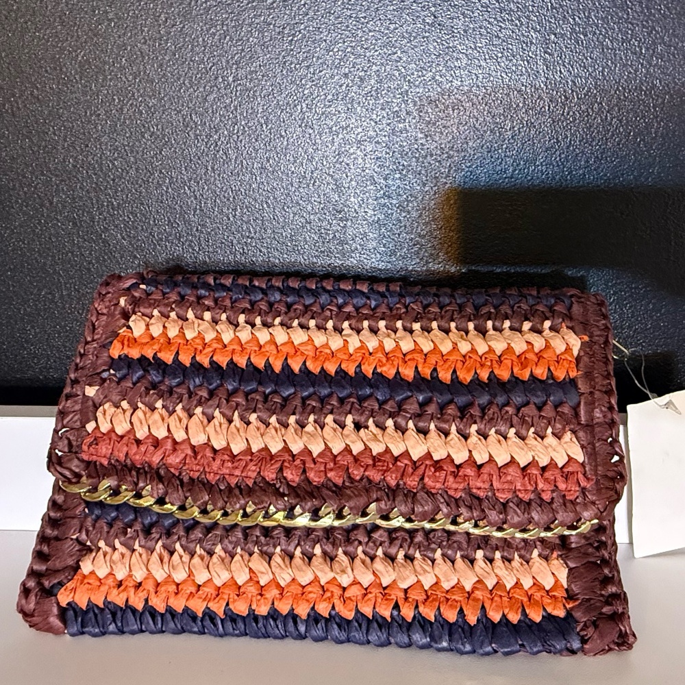 Striped Multicolor Woven Clutch with Gold Chain Accent
